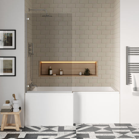 [BBZSS005] L Shape 1700 x 850mmShower Bath Set - Front Panel & Chrome Square Hinge Screen, Left Hand - Lifestyle 1