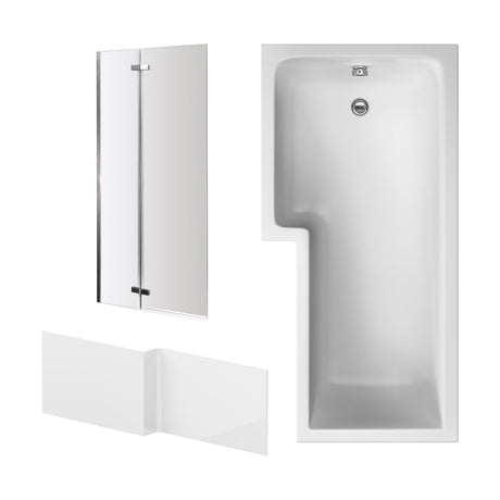 [BBZSS006] L Shape 1700x850 Shower Bath Set - Front Panel, Satin Chrome Straight Hinged Screen & Leg Set - Cutout
