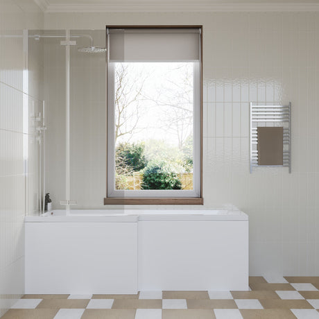 [BBZSS006] L Shape 1700x850 Shower Bath Set - Front Panel, Satin Chrome Straight Hinged Screen & Leg Set - Lifestyle 1
