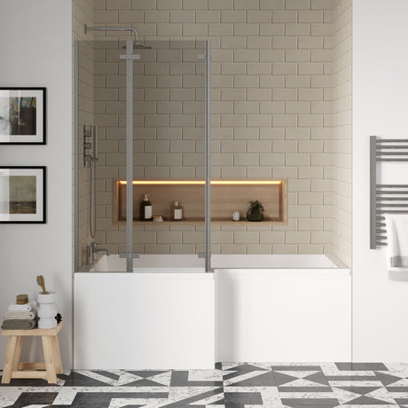 [BBZSS007] L Shape 1700 x 850mmShower Bath Set - Front Panel & 3 Panel Chrome Center Hinge Screen, Left Hand - Lifestyle 1