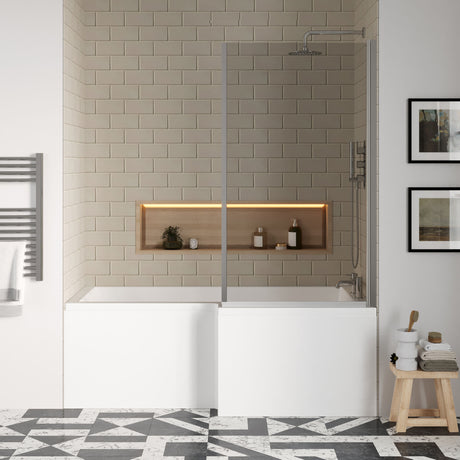 [BBZSS009] L Shape 1700 x 850mmShower Bath Set - Front Panel & Chrome Fixed Return Screen, Right Hand - Lifestyle 1