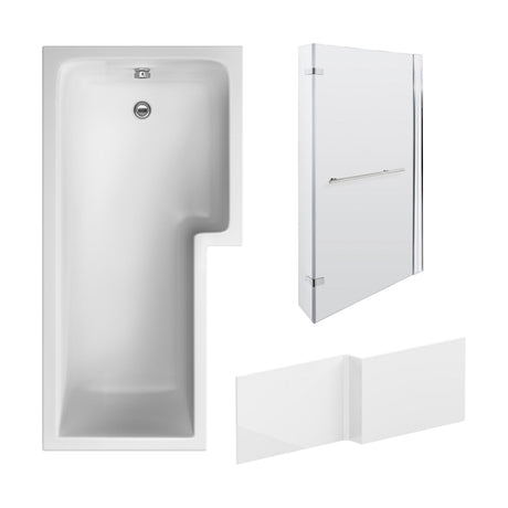 [BBZSS010] L Shape 1700x850 Shower Bath Set - Front Panel & Chrome Fixed Return Screen with Towel Rail, Right Hand - Cutout