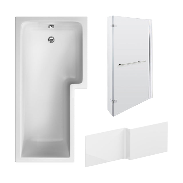 [BBZSS010] L Shape 1700x850 Shower Bath Set - Front Panel & Chrome Fixed Return Screen with Towel Rail, Right Hand - Cutout