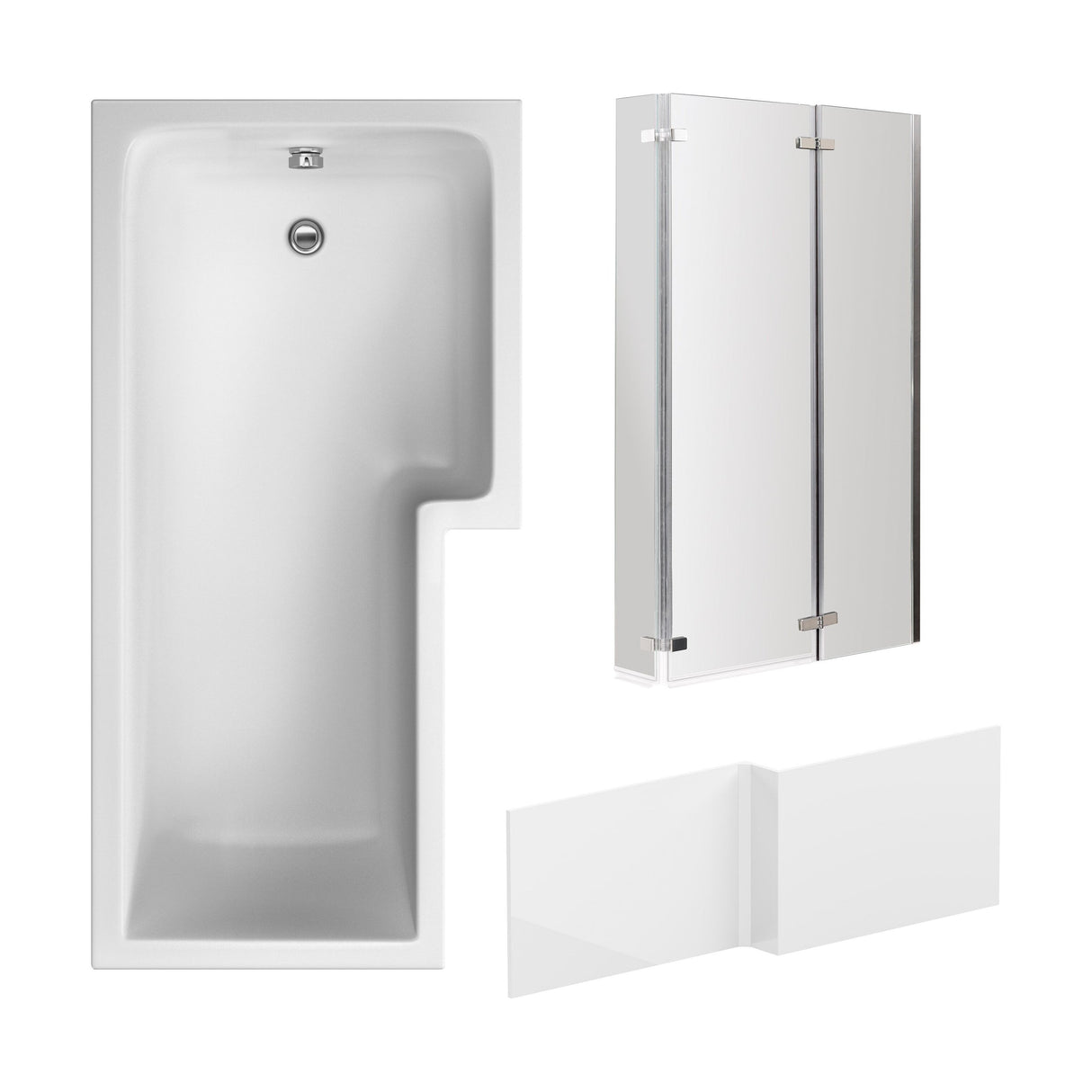 [BBZSS011] L Shape 1700x850 Shower Bath Set - Front Panel & 3 Panel Chrome Center Hinge Screen - Cutout