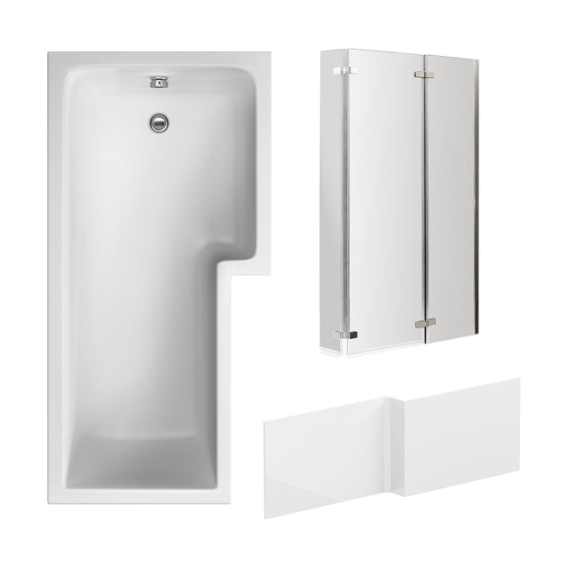 [BBZSS011] L Shape 1700x850 Shower Bath Set - Front Panel & 3 Panel Chrome Center Hinge Screen - Cutout