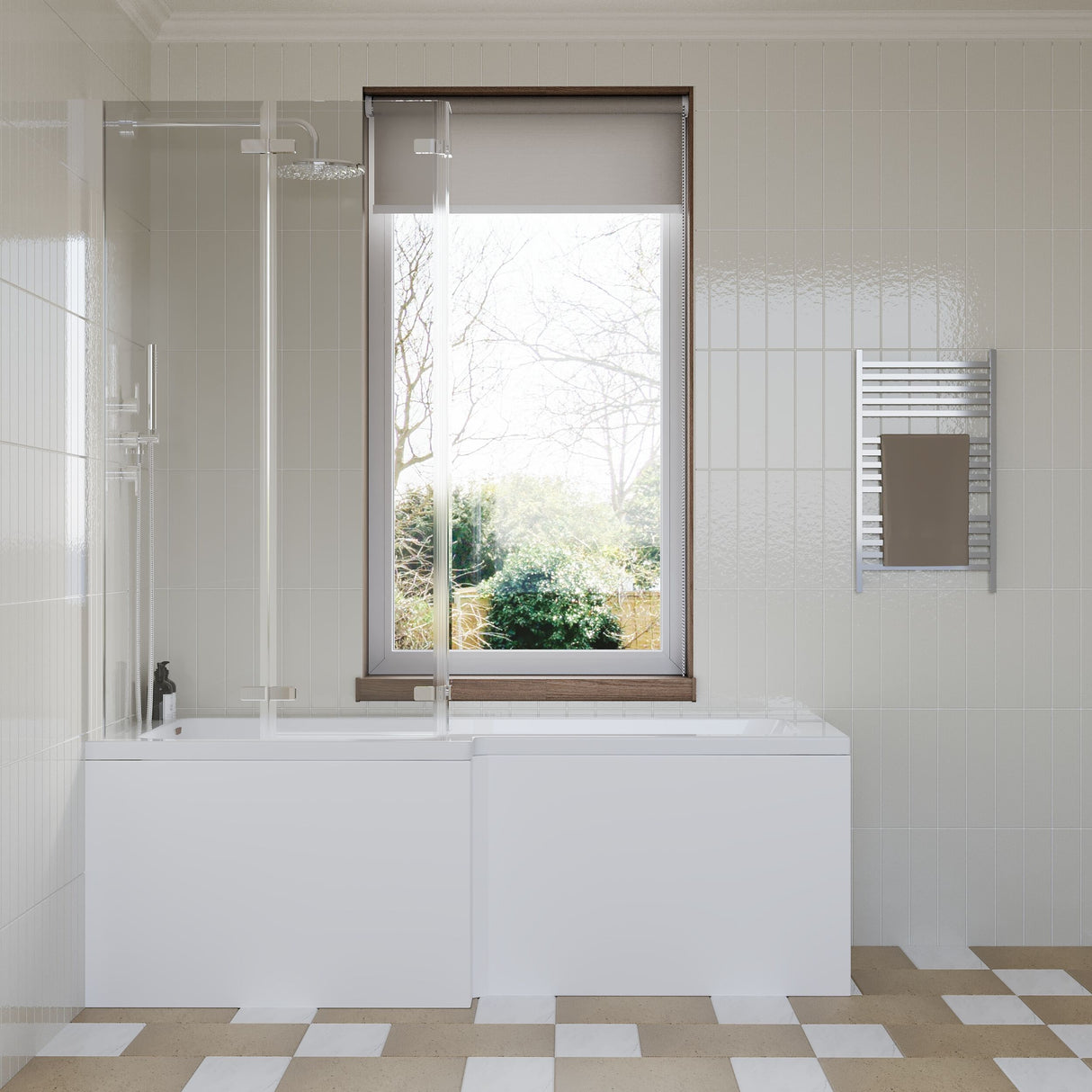 [BBZSS011] L Shape 1700x850 Shower Bath Set - Front Panel & 3 Panel Chrome Center Hinge Screen - Lifestyle 1