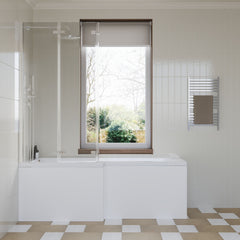 [BBZSS011] L Shape 1700x850 Shower Bath Set - Front Panel & 3 Panel Chrome Center Hinge Screen - Lifestyle 1