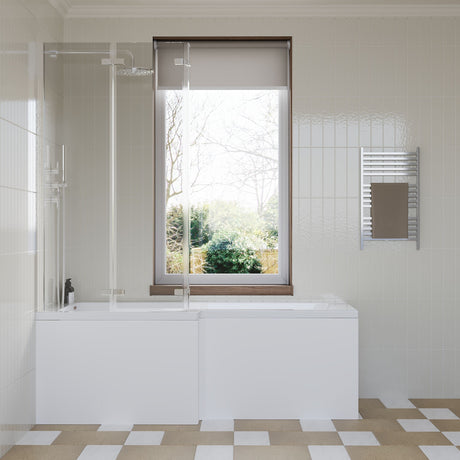 [BBZSS011] L Shape 1700x850 Shower Bath Set - Front Panel & 3 Panel Chrome Center Hinge Screen - Lifestyle 1