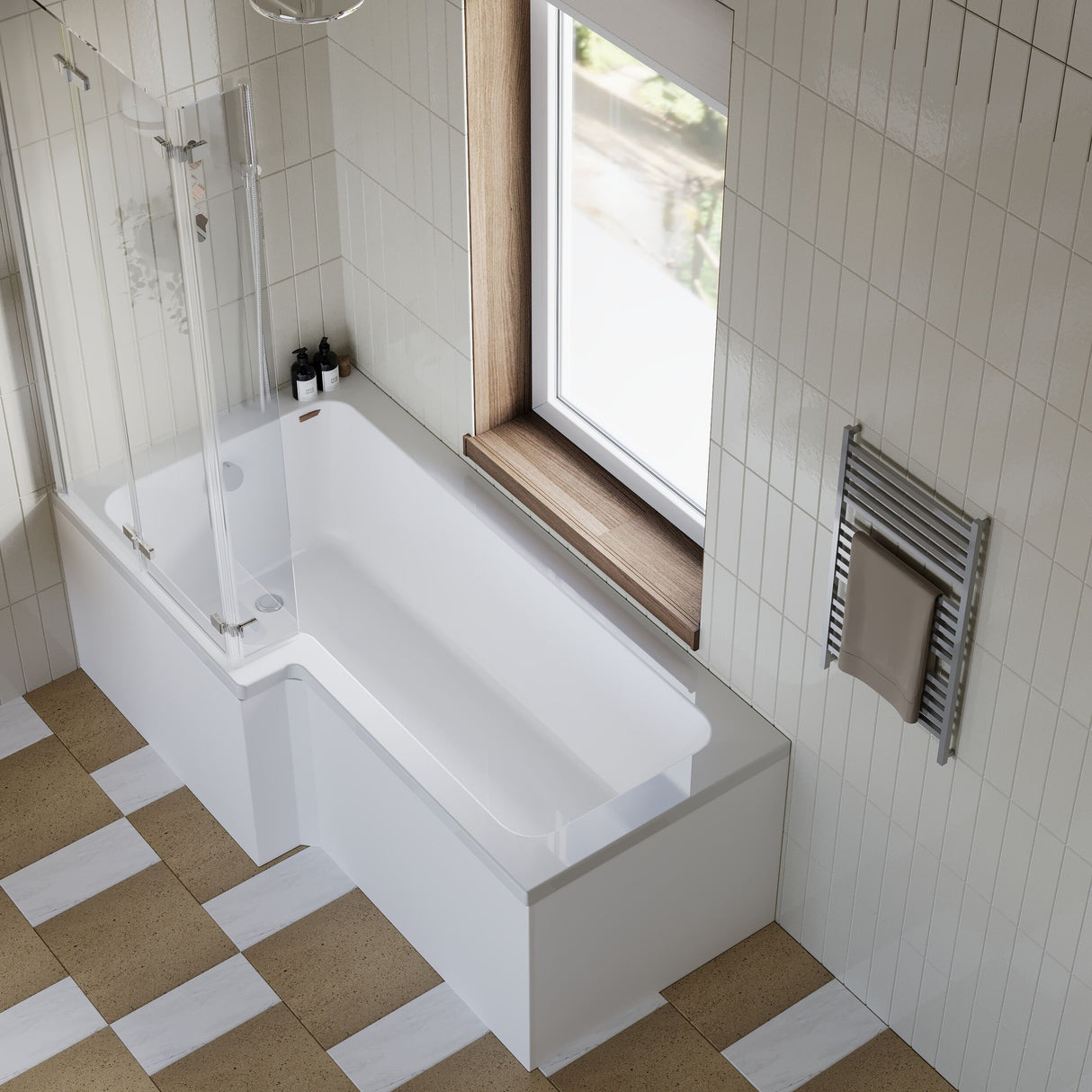 [BBZSS011] L Shape 1700x850 Shower Bath Set - Front Panel & 3 Panel Chrome Center Hinge Screen - Lifestyle 2