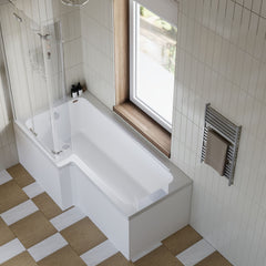 [BBZSS011] L Shape 1700x850 Shower Bath Set - Front Panel & 3 Panel Chrome Center Hinge Screen - Lifestyle 2