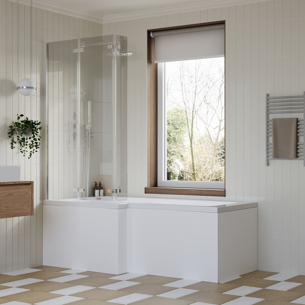 [BBZSS011] L Shape 1700x850 Shower Bath Set - Front Panel & 3 Panel Chrome Center Hinge Screen - Lifestyle 3