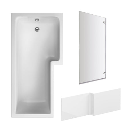 [BBZSS012] L Shape 1700x850 Shower Bath Set - Front Panel & Chrome Square Hinge Screen, Right Hand - Cutout