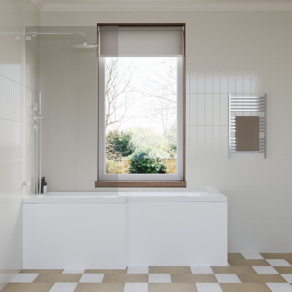 [BBZSS012] L Shape 1700x850 Shower Bath Set - Front Panel & Chrome Square Hinge Screen, Right Hand - Lifestyle 1