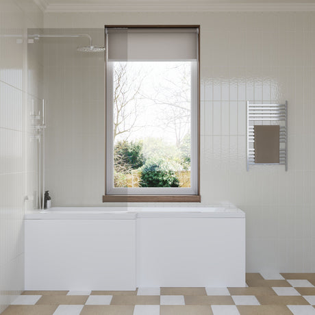 [BBZSS012] L Shape 1700x850 Shower Bath Set - Front Panel & Chrome Square Hinge Screen, Right Hand - Lifestyle 1