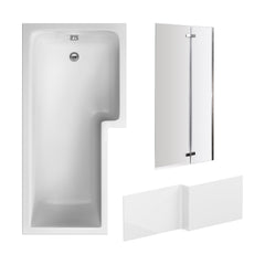 [BBZSS013] L Shape 1700x850 Shower Bath Set - Front Panel & Chrome 2 Panel Center Hinge Screen, Right Hand - Cutout
