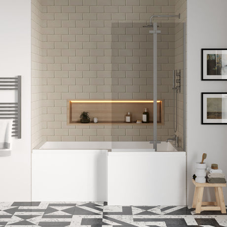 [BBZSS013] L Shape 1700x850 Shower Bath Set - Front Panel & Chrome 2 Panel Center Hinge Screen, Right Hand - Lifestyle 1