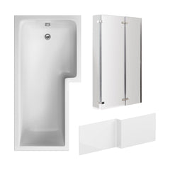 [BBZSS014] L Shape 1700x850 Shower Bath Set - Front Panel & Chrome 3 Panel Center Hinge Screen, Right Hand - Cutout