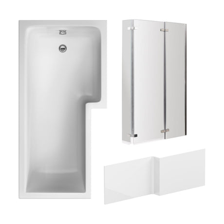[BBZSS014] L Shape 1700x850 Shower Bath Set - Front Panel & Chrome 3 Panel Center Hinge Screen, Right Hand - Cutout