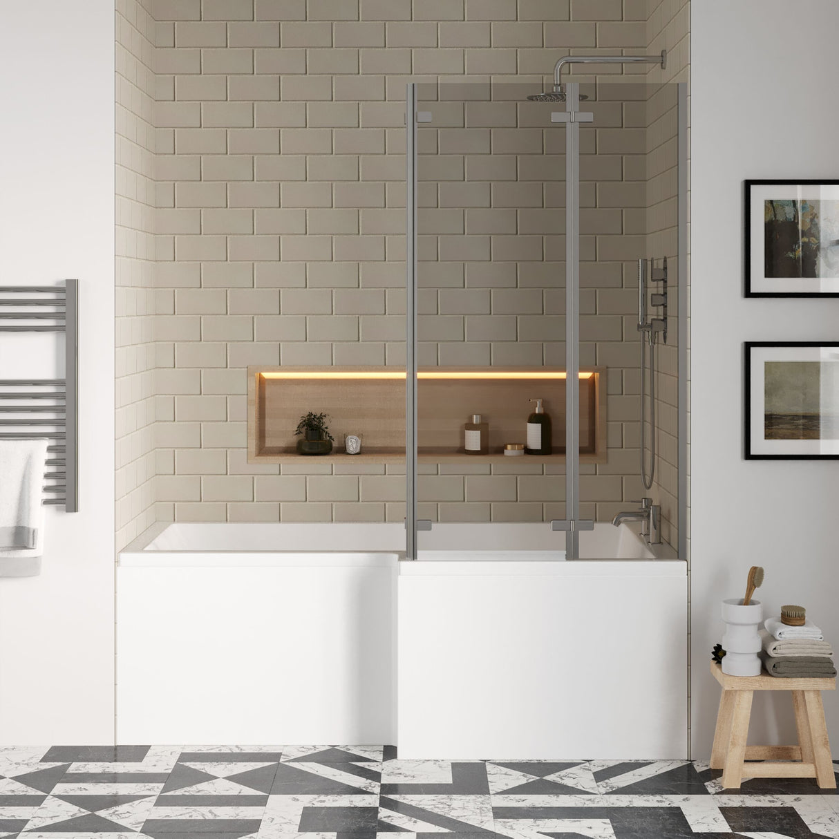 [BBZSS014] L Shape 1700x850 Shower Bath Set - Front Panel & Chrome 3 Panel Center Hinge Screen, Right Hand - Lifestyle 1