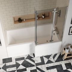 [BBZSS014] L Shape 1700x850 Shower Bath Set - Front Panel & Chrome 3 Panel Center Hinge Screen, Right Hand - Lifestyle 2