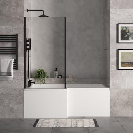 [BBZSS015] L Shape 1700x850 Shower Bath Set - Front Panel & Black Fixed Return Screen, Left Hand - Lifestyle 1