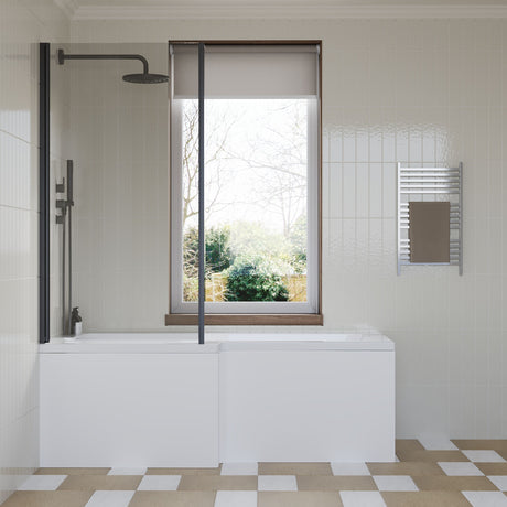 [BBZSS016] L Shape 1700x850 Shower Bath Set - Front Panel & Black Fixed Return Screen, Left Hand - Lifestyle 1