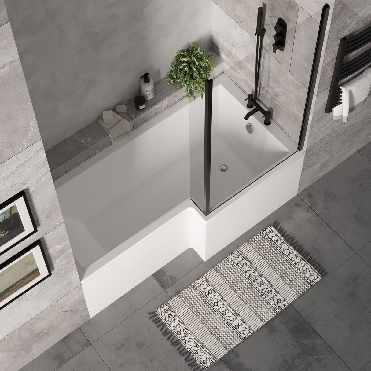 [BBZSS017] L Shape 1700x850 Shower Bath Set - Front Panel & Black Fixed Return Screen, Right Hand - Lifestyle 2