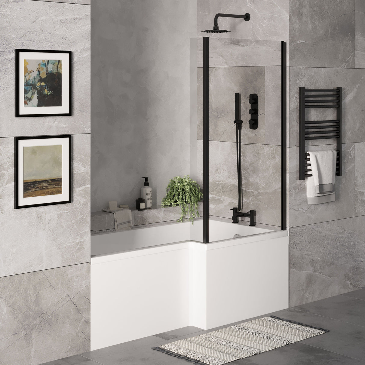 [BBZSS017] L Shape 1700x850 Shower Bath Set - Front Panel & Black Fixed Return Screen, Right Hand - Lifestyle 3
