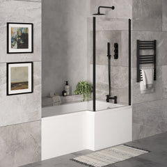 [BBZSS017] L Shape 1700x850 Shower Bath Set - Front Panel & Black Fixed Return Screen, Right Hand - Lifestyle 3