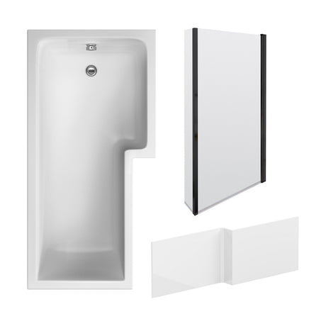 [BBZSS018] L Shape 1700x850 Shower Bath Set - Front Panel & Black Fixed Return Screen, Right Hand - Cutout