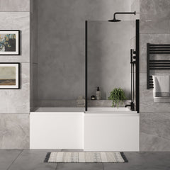 [BBZSS018] L Shape 1700x850 Shower Bath Set - Front Panel & Black Fixed Return Screen, Right Hand - Lifestyle 1