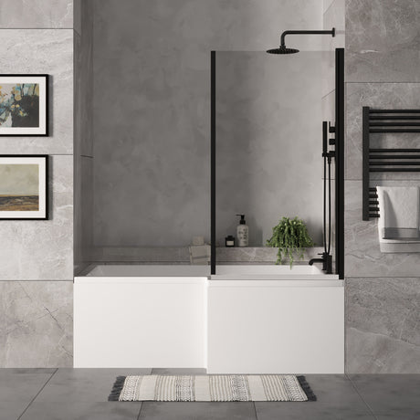 [BBZSS018] L Shape 1700x850 Shower Bath Set - Front Panel & Black Fixed Return Screen, Right Hand - Lifestyle 1
