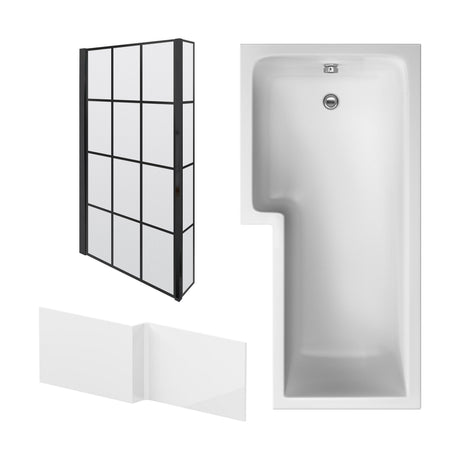 [BBZSS019] L Shape 1700x850 Shower Bath Set - Front Panel & Black Grid Fixed Return Screen, Left Hand - Cutout