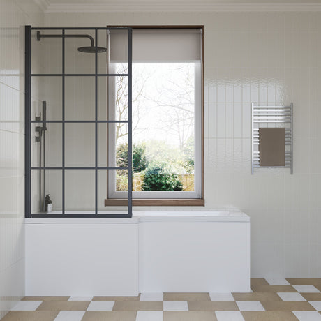 [BBZSS020] L Shape 1700x850 Shower Bath Set - Front Panel & Black Grid Fixed Return Screen, Right Hand - Lifestyle 1