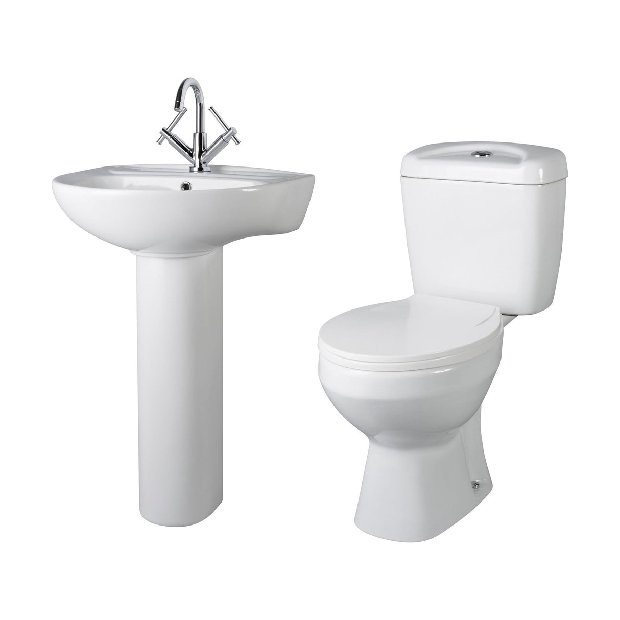 [BCAD001] Anslow Round Ceramic Bathroom Bundle - Toilet Pan with Cistern, Soft-Close Seat & 550mm Basin with Full Pedestal (1TH or 2TH) - Cutout
