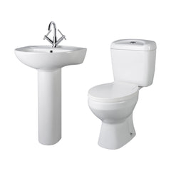[BCAD001] Anslow Round Ceramic Bathroom Bundle - Toilet Pan with Cistern, Soft-Close Seat & 550mm Basin with Full Pedestal (1TH or 2TH) - Cutout
