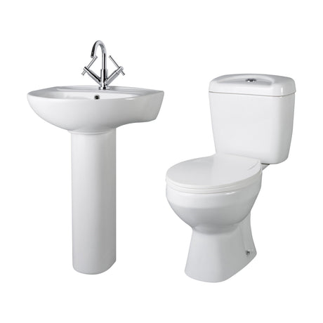 [BCAD001] Anslow Round Ceramic Bathroom Bundle - Toilet Pan with Cistern, Soft-Close Seat & 550mm Basin with Full Pedestal (1TH or 2TH) - Cutout