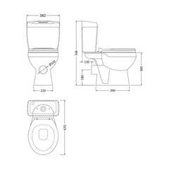 [BCAD001] Anslow Round Ceramic Bathroom Bundle - Toilet Pan with Cistern, Soft-Close Seat & 550mm Basin with Full Pedestal (1TH or 2TH) - Technical Drawing