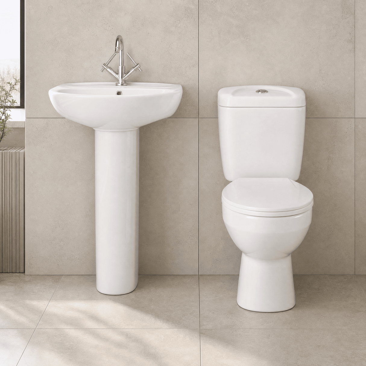 [BCAD001] Anslow Round Ceramic Bathroom Bundle - Toilet Pan with Cistern, Soft-Close Seat & 550mm Basin with Full Pedestal (1TH or 2TH) - Lifestyle 1