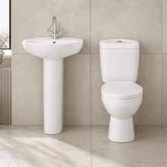 [BCAD001] Anslow Round Ceramic Bathroom Bundle - Toilet Pan with Cistern, Soft-Close Seat & 550mm Basin with Full Pedestal (1TH or 2TH) - Lifestyle 1