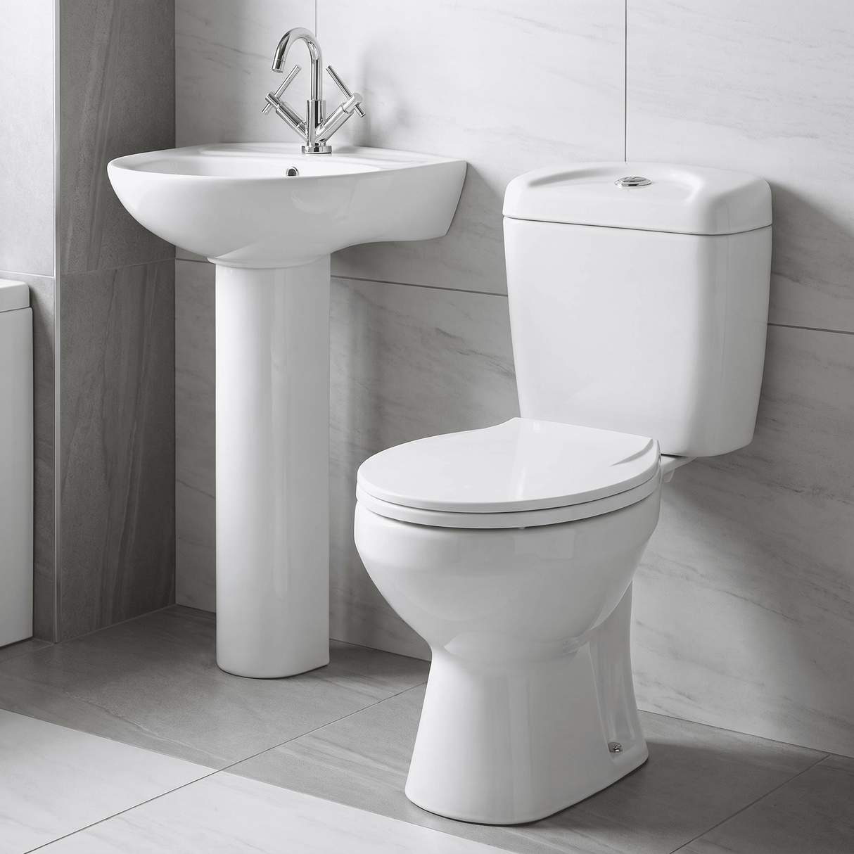 [BCAD001] Anslow Round Ceramic Bathroom Bundle - Toilet Pan with Cistern, Soft-Close Seat & 550mm Basin with Full Pedestal (1TH or 2TH) - Lifestyle 2