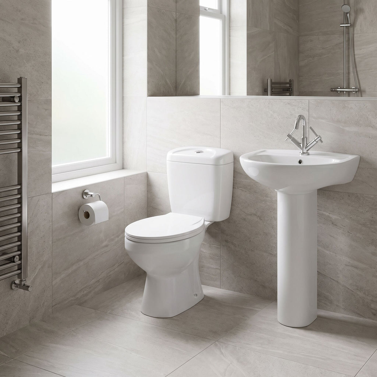[BCAD001] Anslow Round Ceramic Bathroom Bundle - Toilet Pan with Cistern, Soft-Close Seat & 550mm Basin with Full Pedestal (1TH or 2TH) - Lifestyle 3