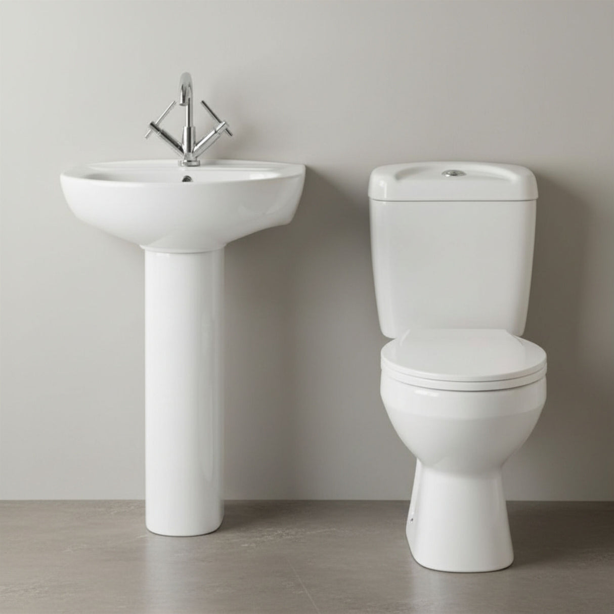 [BCAD001] Anslow Round Ceramic Bathroom Bundle - Toilet Pan with Cistern, Soft-Close Seat & 550mm Basin with Full Pedestal (1TH or 2TH) - Silo