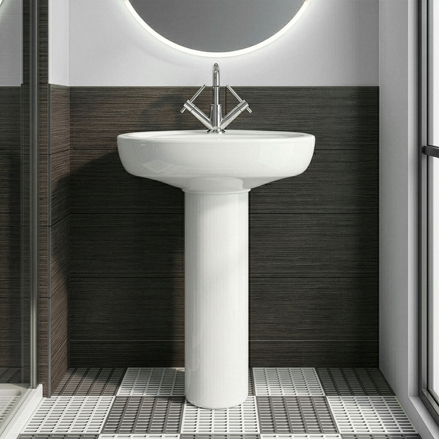 [BCAD002] Anslow Round Ceramic Bathroom Basin and Full Pedestal - 550mm - Silo