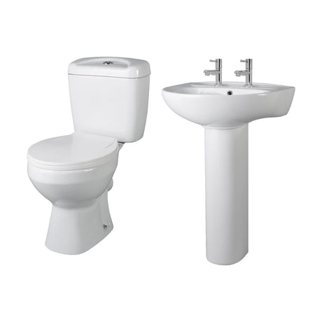 [BCAD004] Anslow Round Ceramic Bathroom Bundle - Toilet Pan with Cistern, Soft-Close Seat & 550mm Basin with Full Pedestal (1TH or 2TH) - Cutout