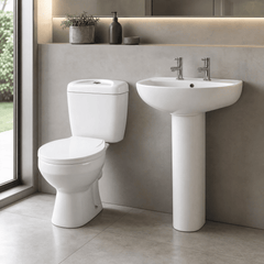 [BCAD004] Anslow Round Ceramic Bathroom Bundle - Toilet Pan with Cistern, Soft-Close Seat & 550mm Basin with Full Pedestal (1TH or 2TH) - Lifestyle 1