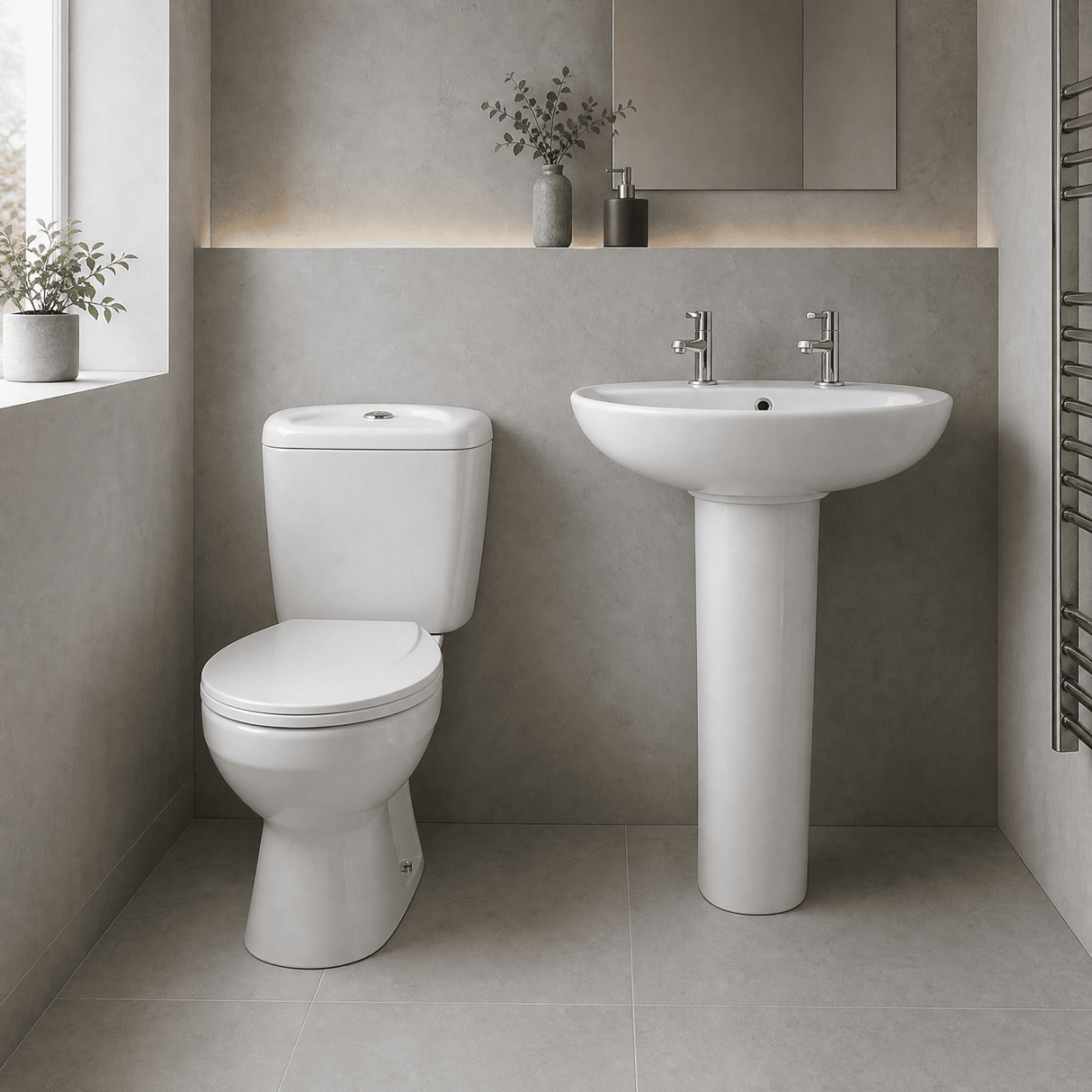 [BCAD004] Anslow Round Ceramic Bathroom Bundle - Toilet Pan with Cistern, Soft-Close Seat & 550mm Basin with Full Pedestal (1TH or 2TH) - Lifestyle 2