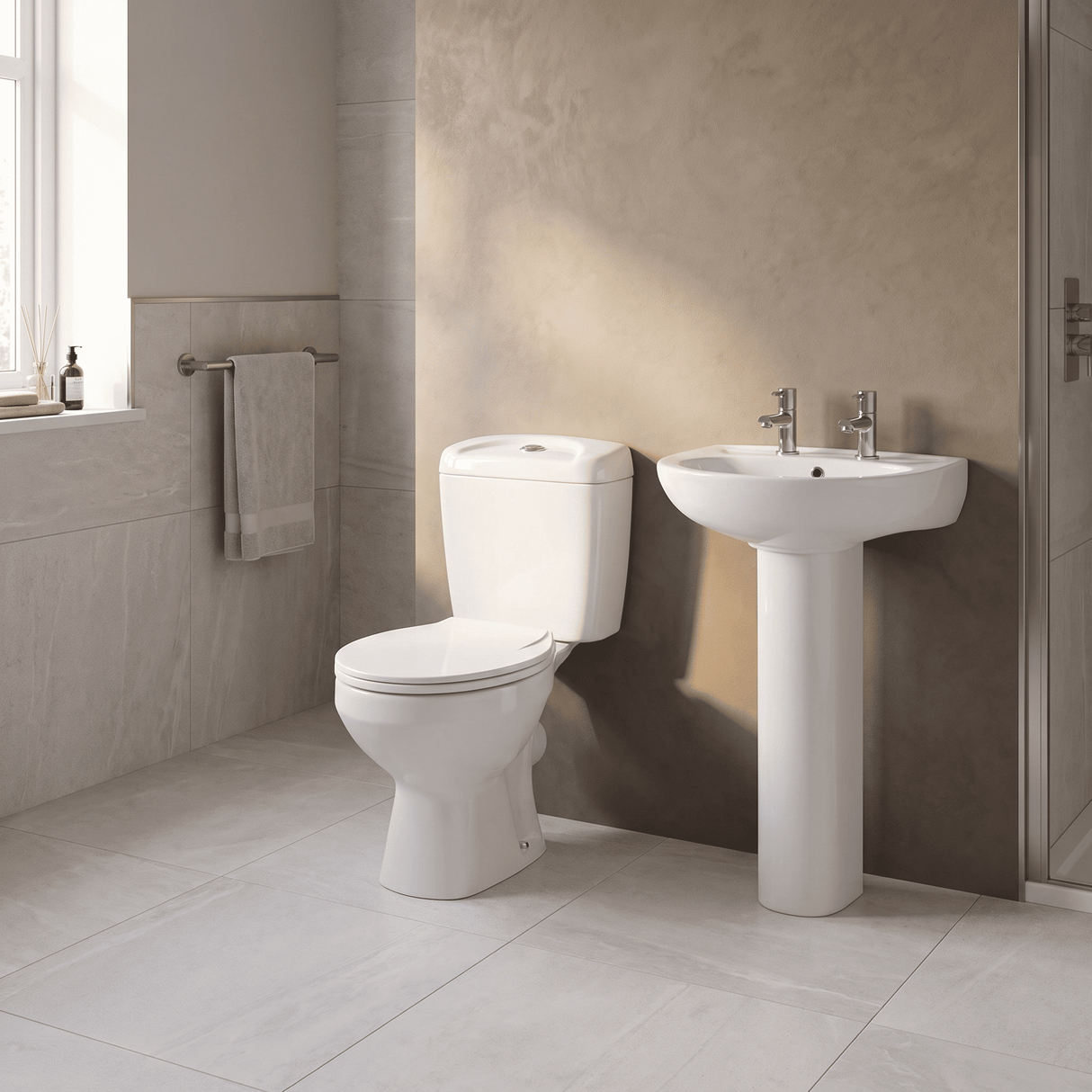 [BCAD004] Anslow Round Ceramic Bathroom Bundle - Toilet Pan with Cistern, Soft-Close Seat & 550mm Basin with Full Pedestal (1TH or 2TH) - Lifestyle 3