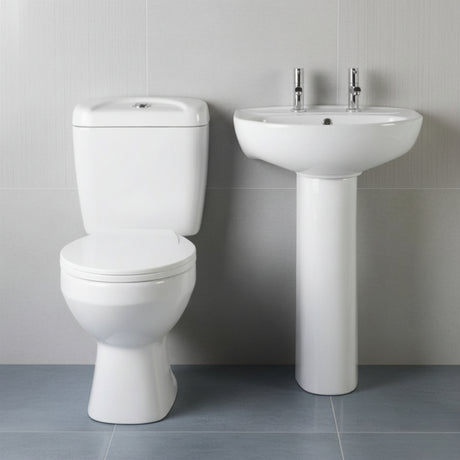 Anslow Round Ceramic Bathroom Bundle - Toilet Pan with Cistern, Soft-Close Seat & 550mm Basin with Full Pedestal (1TH or 2TH)