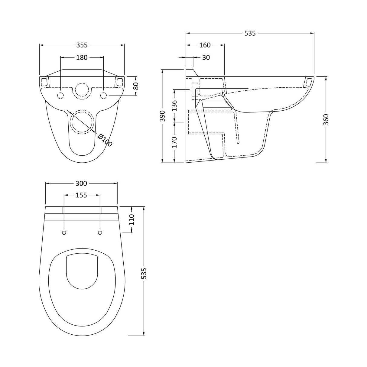[BCAD140P] Balterley Adley Modern Bathroom Wall Hung Toilet Pan 390mm x 355mm - White - Technical Drawing